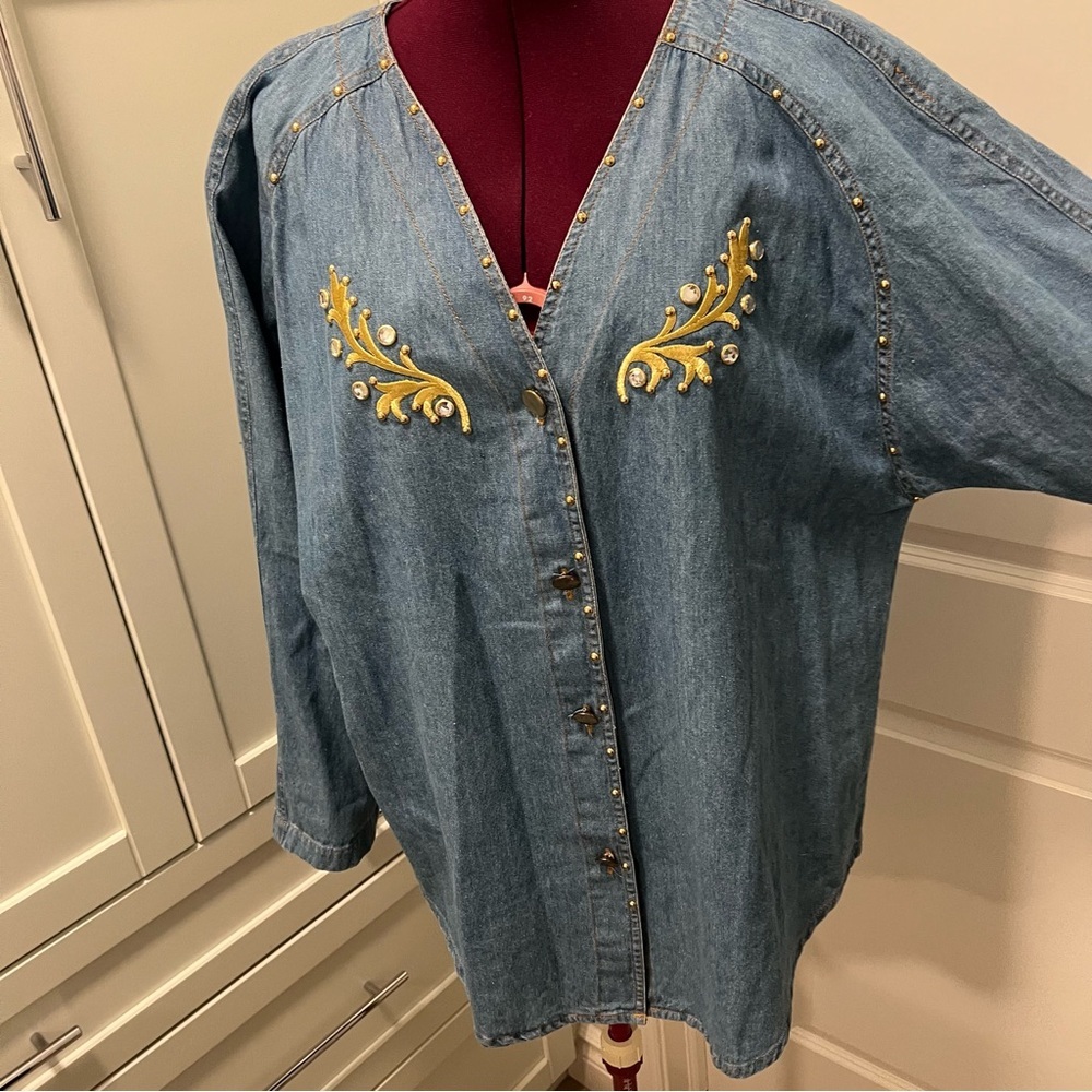 VINTAGE Gold Embroidered Denim Button-Up Shirt Gems Size Large